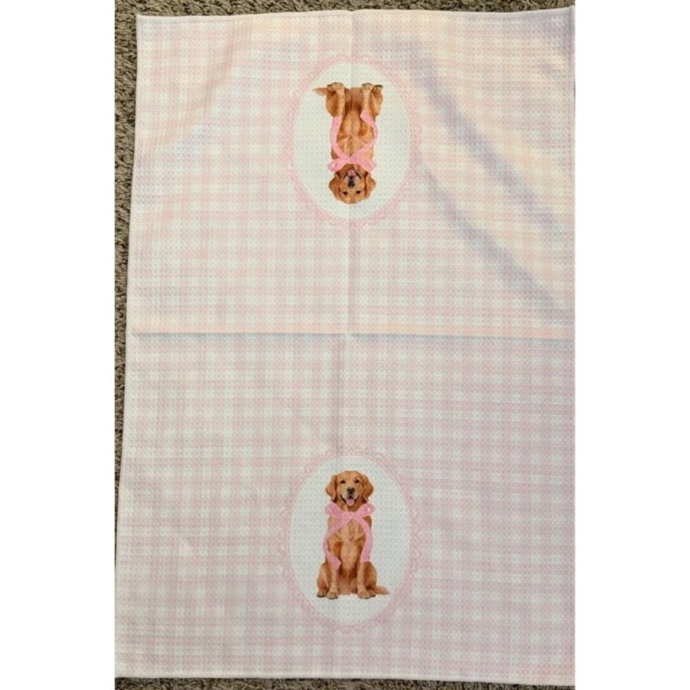Golden Retriever Dog Kitchen Towel Pink Gingham Puppy Dish Tea Towel Decor